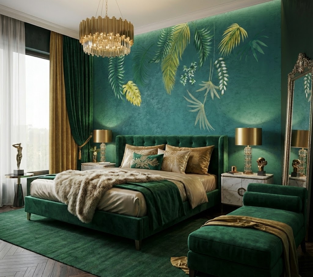 Mural Haftowany na Tkaninie Blooming Green – Tapeta Bezszwowa