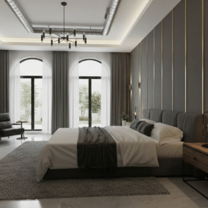 Ciemnoszary, samoprzylepny panel ścienny HK-007 z pionowymi listwami na ścianie w nowoczesnej, eleganckiej sypialni.
