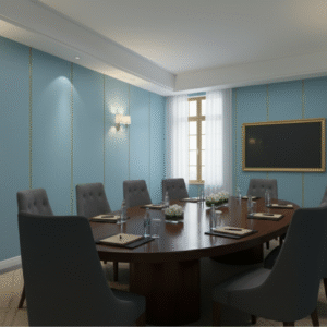 Jasnoniebieski, samoprzylepny panel ścienny HK-008 na ścianach eleganckiej sali konferencyjnej z dużym stołem.